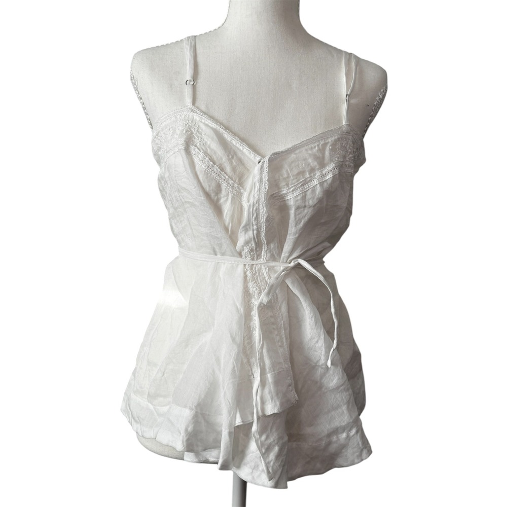 Unbranded Women's Floral Wrap Tie Front Linen Camisole Size M White Cottagecore